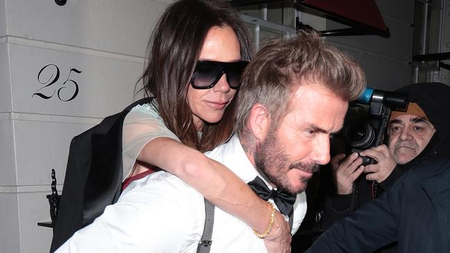 LONDON, ENGLAND - APRIL 20: David Beckham and Victoria Beckham are seen leaving Victoria Beckham's 50th Birthday Party at OswaldÃ¢â¬â¢s on April 20, 2024 in London, England. (Photo by Ricky Vigil M / Justin E Palmer/GC Images)