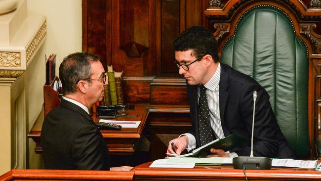 Premier Stephen Marshall talks to speaker Dan Cregan during parliament question time. Picture: NCA NewsWire/Brenton Edwards