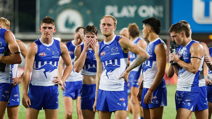 DARWIN, AUSTRALIA - MAY 11: Jaidyn Stephenson of the Kangaroos looks dejected after a loss after the 2024 AFL Round 09 match between the Gold Coast SUNS and North Melbourne Kangaroos at TIO Stadium on May 11, 2024 in Darwin, Australia. (Photo by Dylan Burns/AFL Photos via Getty Images)