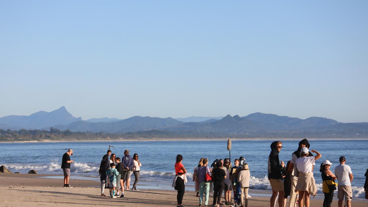 Members of the public took part in a paddle-out at Byron Bay's Main Beach to protest against the planned Netflix reality show Byron Baes on the morning of Tuesday, April 20, 2021. Picture: Liana Boss