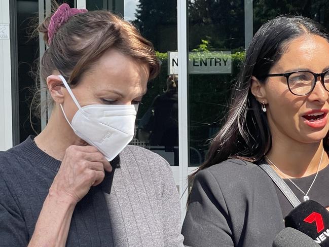 Kristie Merrett (left), 52, of Bellingen, outside Gosford Local Court, after being granted bail for dangerous driving occasioning the death of James Edds, 9, while under the influence. Picture: NewsLocal