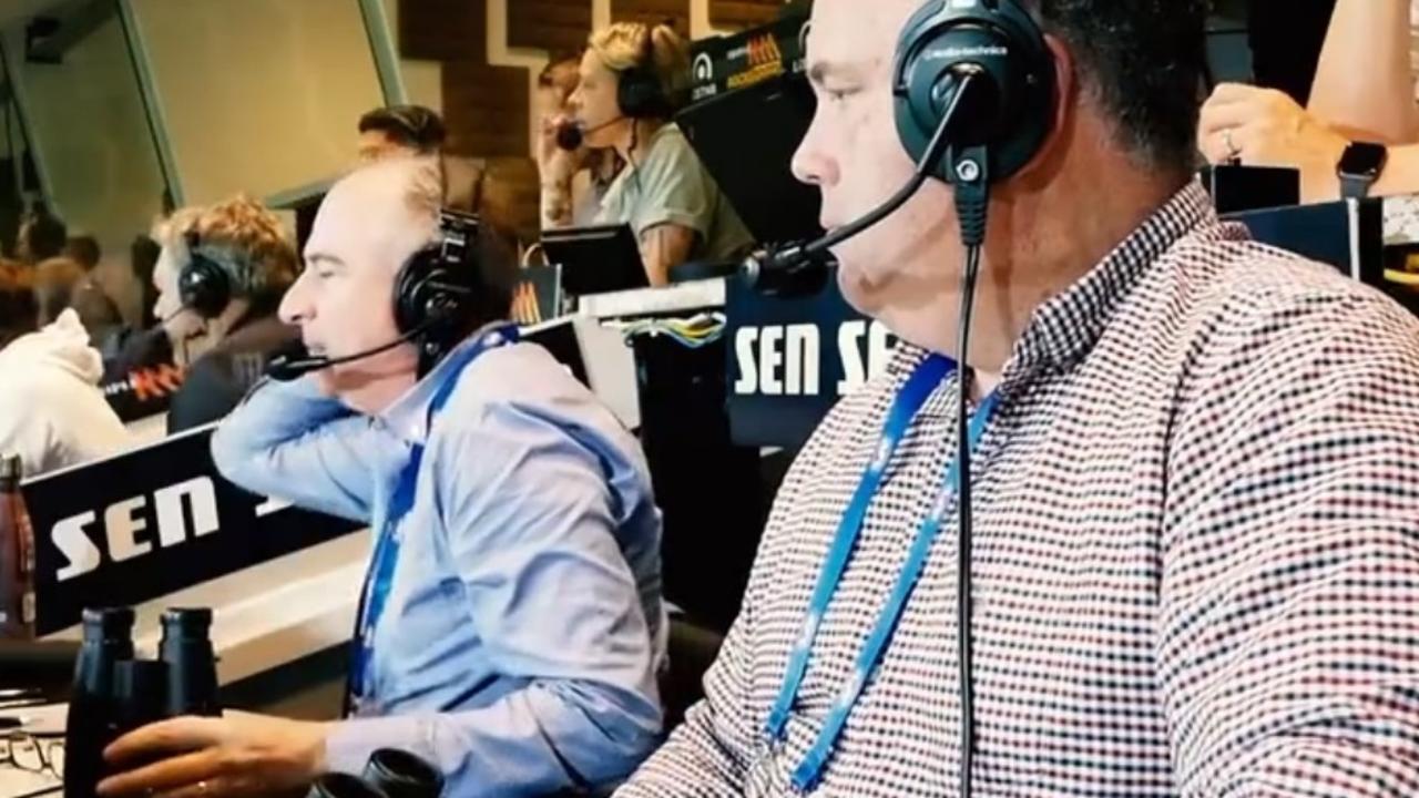 The SEN commentary box featuring Adam White, Gerard Whateley and Nick Dal Santo. Photo: Twitter, AFL Nation.