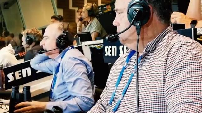 The SEN commentary box featuring Adam White, Gerard Whateley and Nick Dal Santo. Photo: Twitter, AFL Nation.