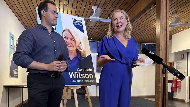 Liberal candidate for Black Amanda Wilson concedes the by-election triggered by David Speirs resigning from parliament. Pictured with Opposition leader Vincent Tarzia on Saturday night. Picture: Kathryn Bermingham