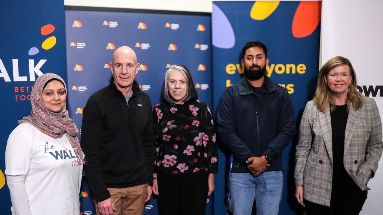 Multicultural Council of Tasmania chairwoman Aimen Jafri, former premier and MRC Tasmania chairman Peter Gutwein, MRC Tasmania chief executive Gillian Long, federal Member for Bass Bridget Archer and Tasbuilt Homes carpenter Manav Boparai ahead of The Walk Better Together national walk. Picture: Stephanie Dalton