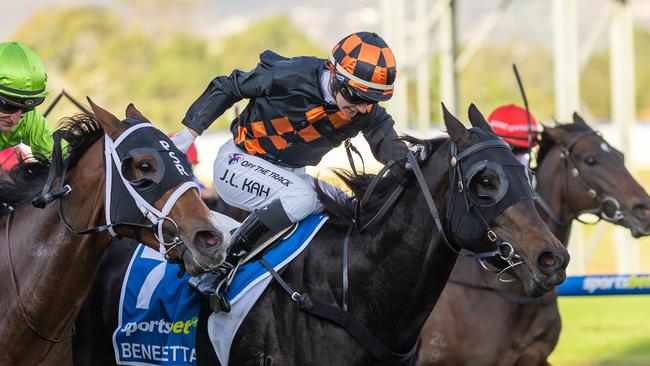 Jamie Melham rides Benedetta to victory in the Group 1 The Goodwood at Morphettville last year. Picture: Makoto Kankeko