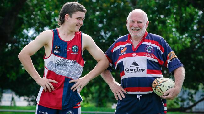 Dennis Bree, 69, is playing in an NTRU Grand Final for Palmerston Crocs today while grandson Hamish Blake, 12, is playing in the U12 Grand Final. Picture: Glenn Campbell