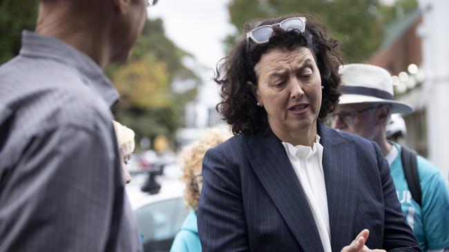 Kooyong teal independent Monique Ryan at an early-polling booth in Kew on Tuesday. Picture: Arsineh Houspian