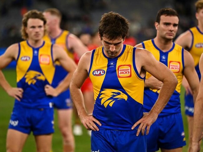 PERTH, AUSTRALIA - MAY 12: Andrew Gaff of the Eagles looks dejected after a loss during the 2023 AFL Round 09 match between the West Coast Eagles and the Gold Coast Suns at Optus Stadium on May 12, 2023 in Perth, Australia. (Photo by Daniel Carson/AFL Photos via Getty Images)