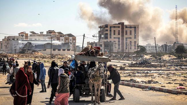 Palestinians flee from Khan Younis on Tuesday. Picture: AFP