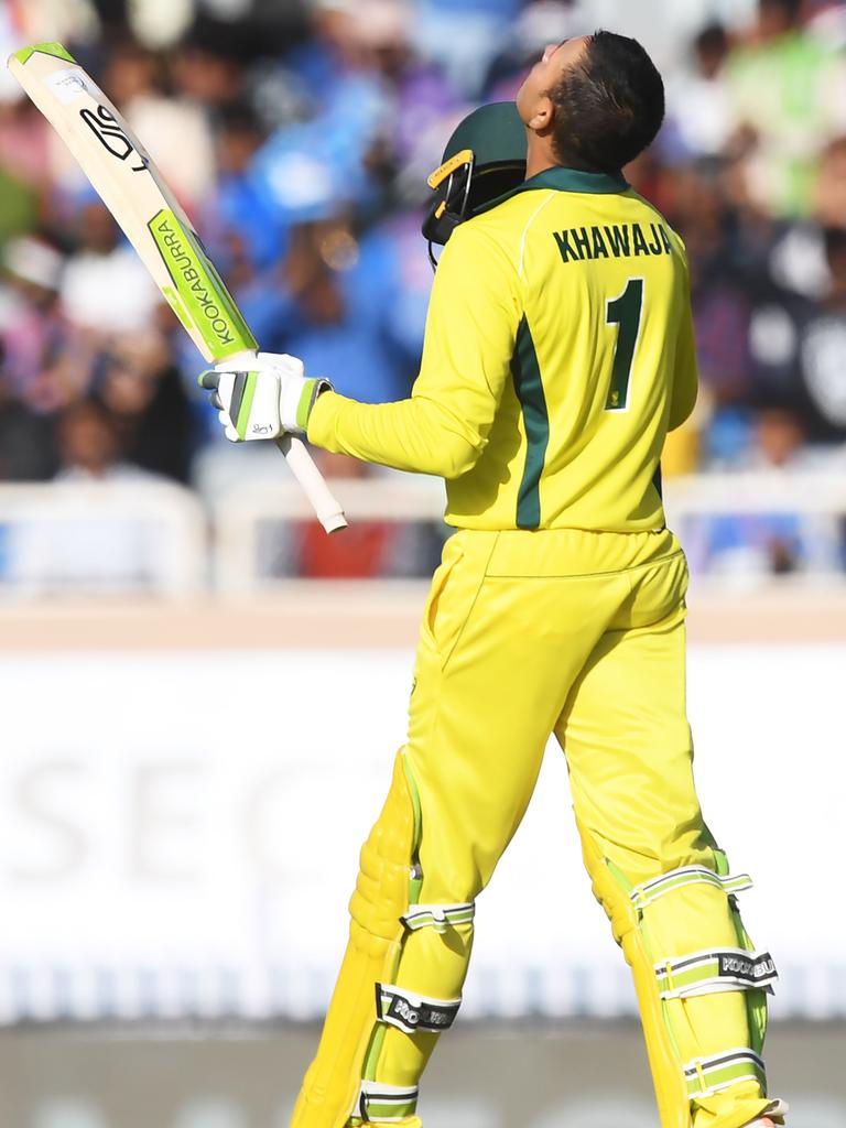 Australia’s Usman Khawaja celebrate after scoring a century against India in Ranchi. Picture: AFP