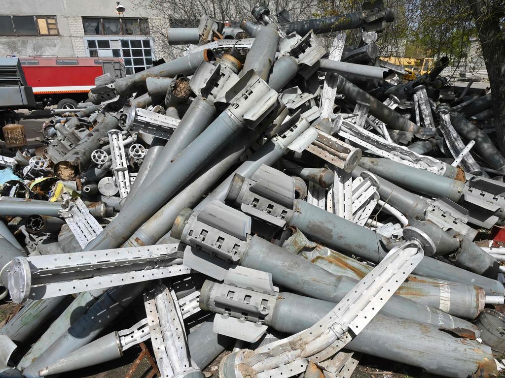 A pile of missile remains, collected by members of the State Emergency Service of Ukraine after shellings in Kharkiv, amid the Russian invasion of Ukraine. Picture: AFP