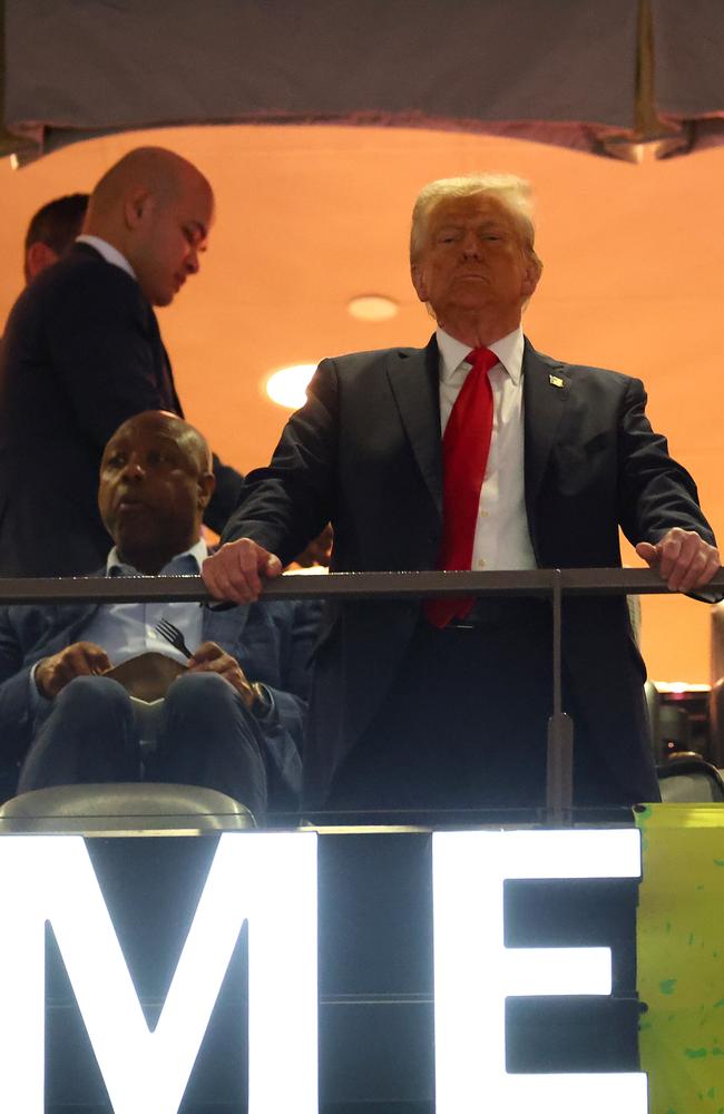 Donald Trump looks on before Super Bowl LIX between the Kansas City Chiefs and the Philadelphia Eagles at Caesars Superdome. Picture: Getty Images