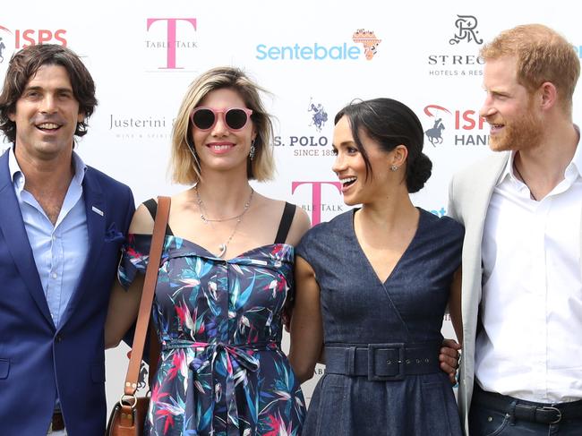 Nacho Figueras, his wife Delfina, Meghan the Duchess of Sussex and Prince Harry at the Sentebale Polo 2018 event at the Royal County of Berkshire Polo Club. Picture: Chris Jackson/Getty