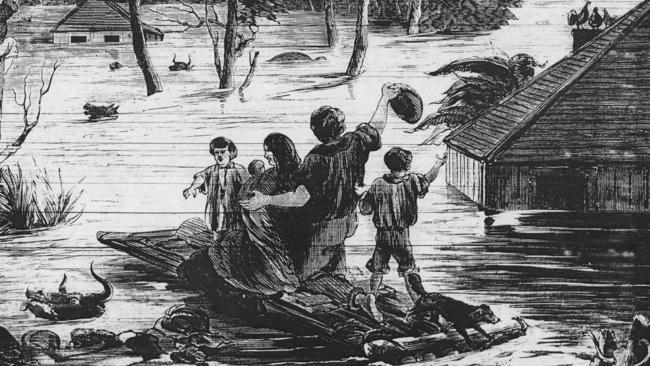 1867: Artist impression of survivors floating during 1867 Hawkesbury-Nepean flood. Art Historical