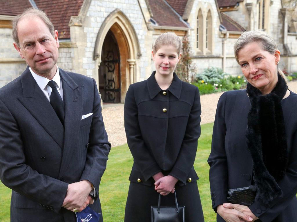 Prince Edward with wife Sophie, Countess of Wessex, and their daughter Lady Louise Windsor. Picture: AFP