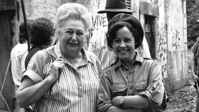 Actress Noni Hazlehurst (right) meeting WW11 heroine Nancy Wake on the set of mini-series 'Nancy Wake'.