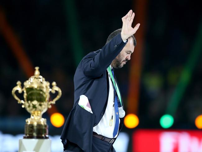 Michael Cheika waves to the crowd following defeat in the 2015 Rugby World Cup final.