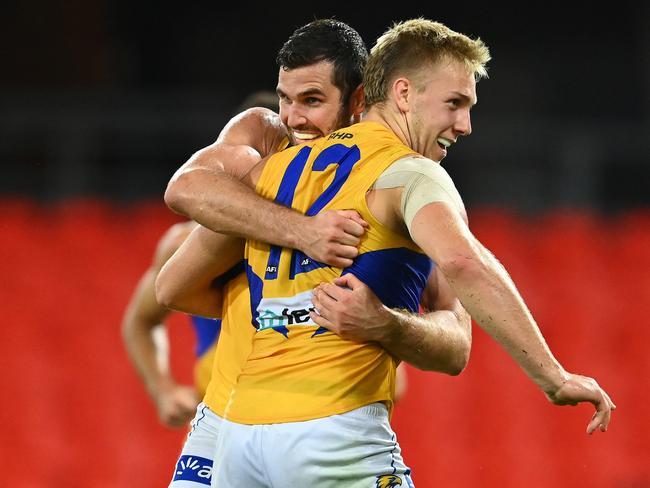 GOLD COAST, AUSTRALIA - SEPTEMBER 17: Oscar Allen of the Eagles celebrates after scoring a goal during the round 18 AFL match between the North Melbourne Kangaroos and the West Coast Eagles at Metricon Stadium on September 17, 2020 in Gold Coast, Australia. (Photo by Quinn Rooney/Getty Images)