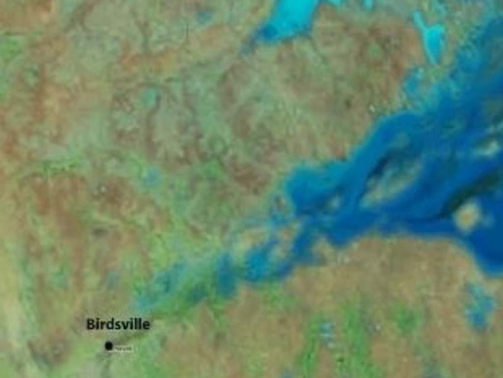 Enhanced satellite images has shown rising floodwaters moving towards the outback town of Birdsville. Picture: Bureau of Meteorology.