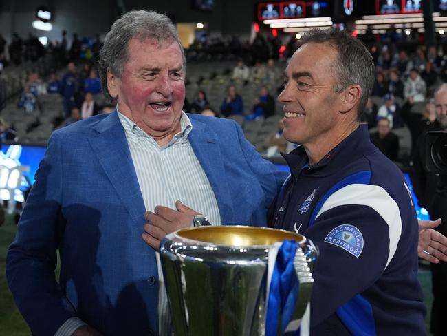 Denis Pagan shares a laugh with Roos coach Alastair Clarkson. Picture: Daniel Pockett/Getty Images