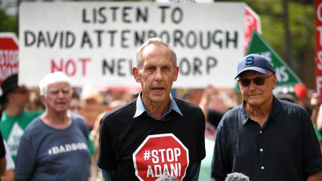 Conservationist and former Greens leader Bob Brown is seen during a Stop Adani rally in Brisbane, Monday, April 22. Picture: AAP Image/Dave Hunt