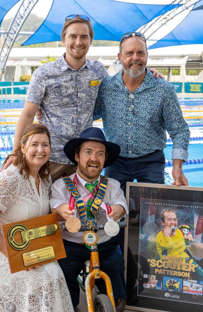 ‘Scooter’ Patterson with his family, receiving the keys to the city of Cairns. Picture: Supplied