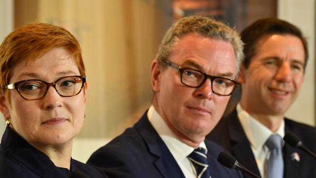 Marise Payne, Christopher Pyne and Simon Birmingham in March. Picture: AAP / Dean Lewins