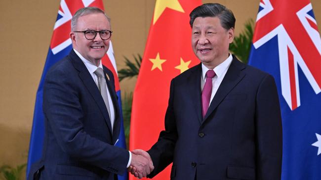 Anthony Albanese, left, meets Xi Jinping in Nusa Dua, Bali, on Tuesday night.   Picture: AAP