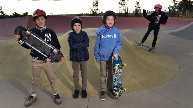 The skate park in Marina Reserve has got the go ahead from Port Phillip council to host events and competitions. L-RBen Brunner (9), Julian Lawton (8), Kai Lwton (8) and Ava Godfrey (12) Picture: Ellen Smith