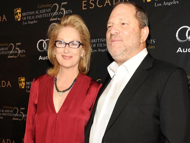 Actress Meryl Streep and producer Harvey Weinstein attend the BAFTA Awards Tea Party in 2012. Picture: Getty