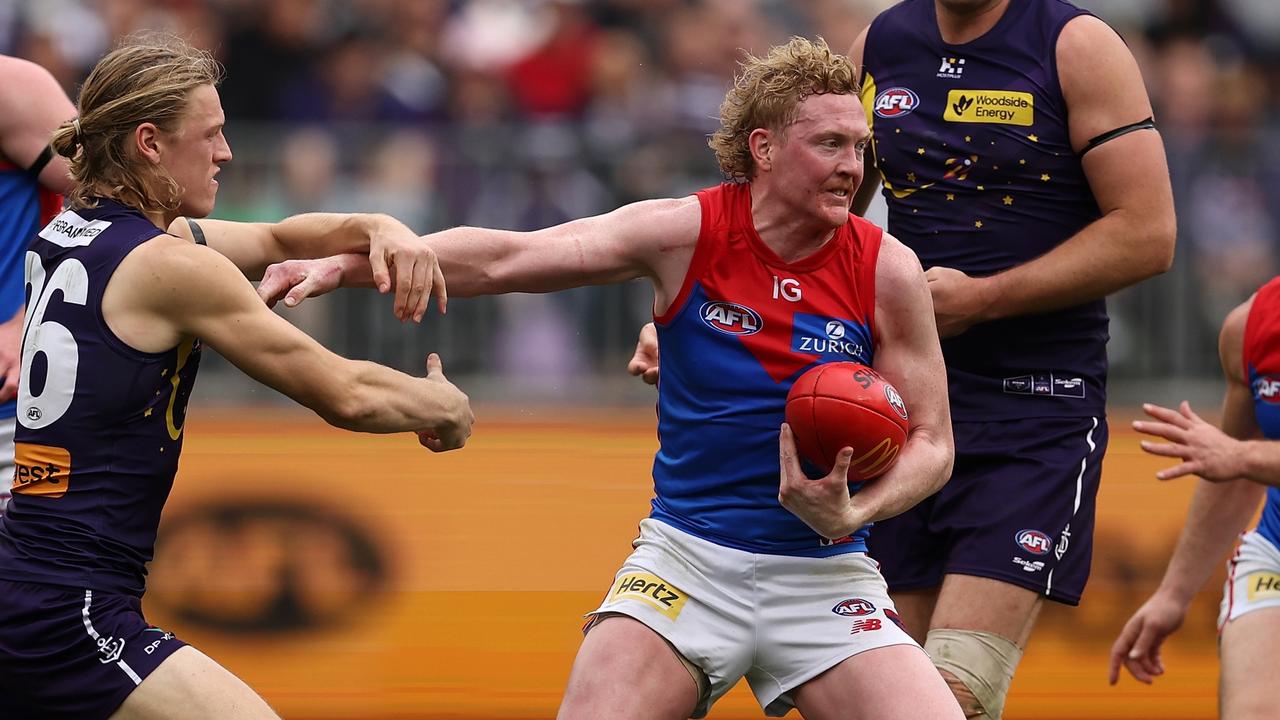 PERTH, AUSTRALIA - JULY 21: Clayton Oliver of the Demons iaduring the round 19 AFL match between Fremantle Dockers and Melbourne Demons at Optus Stadium, on July 21, 2024, in Perth, Australia. (Photo by Paul Kane/Getty Images)