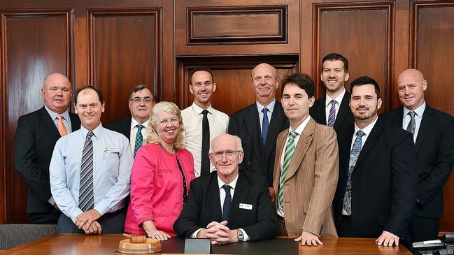 The calm before the storm as the new Fraser Coast Regional Council was sworn in - (L) Denis Chapman, James Hansen, David Lewis, Anne Maddern, Daniel Sanderson, Mayor Chris Loft, Rolf Light, George Seymour, Paul Truscott, Stuart Taylor and Darren Everard.Photo: Alistair Brightman / Fraser Coast Chronicle