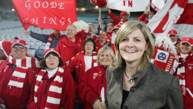 Mostyn, the first female commissioner for the AFL, meets Sydney Swans fans before a game in 2005. Picture: Tim Carrafa