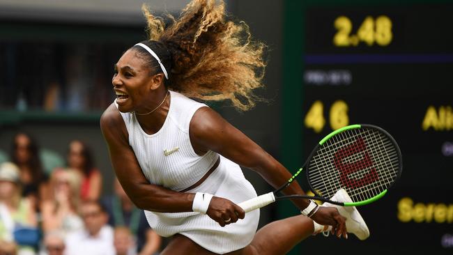 Serena Williams serves against Alison Riske. Picture: AFP