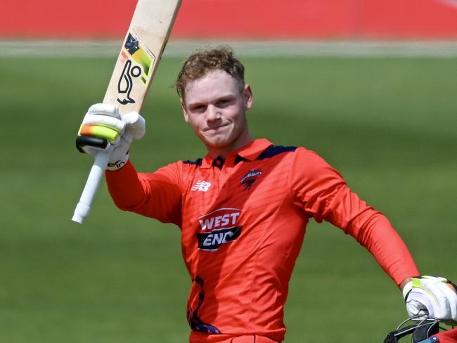 ADELAIDE, AUSTRALIA - OCTOBER 08:  Jake Fraser-McGurk of the Redbacks  celebrates bringing up his record breaking century with  Henry Hunt of the Redbacks during the Marsh One Day Cup match between South Australia and Tasmania at Karen Rolton Oval, on October 08, 2023, in Adelaide, Australia. (Photo by Mark Brake/Getty Images)