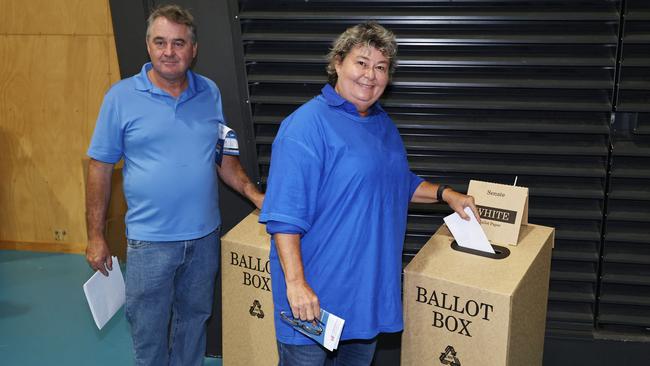 LNP candidate for Kennedy Annette Swaine and her husband David Swaine cast their vote into the ballot box at the AEC polling booth at the Edmonton PCYC. Picture: Brendan Radke