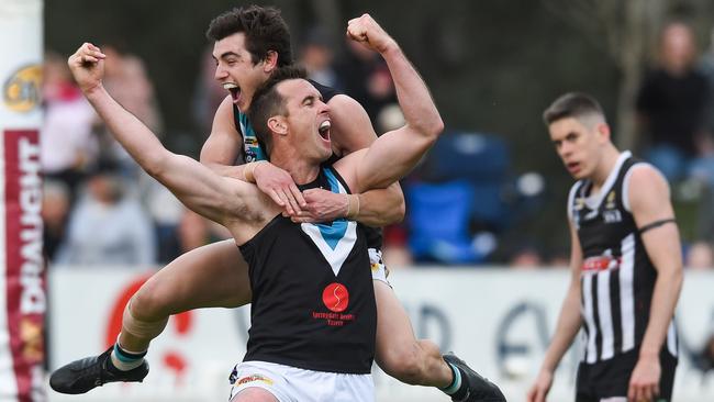 Lavington Panthers pair Luke Garland and Shaun Mannagh celebrate during their team’s 2019 grand final win over Wangaratta Magpies. Picture: Mark Jesser, The Border Mail