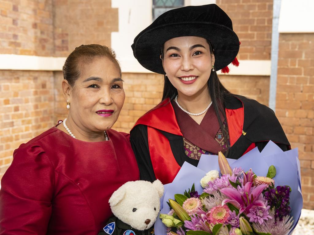 Doctor of Philosophy graduate Maneerat Tianchai with mum Nuanmanee Termthanam at the UniSQ graduation ceremony at Empire Theatres, Tuesday, December 13, 2022.