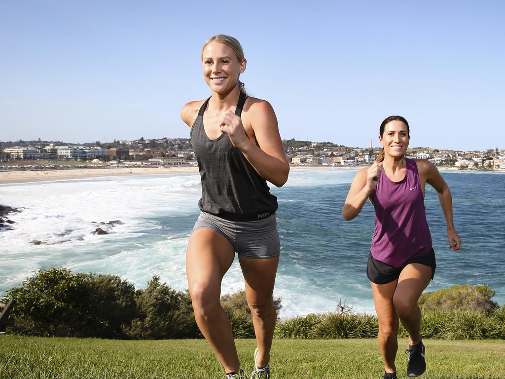 Personel trainer, Bec Wilcock, of Love me Fit, with Emily Parks taining at Marks Park, Bondi. Picture: Justin Lloyd