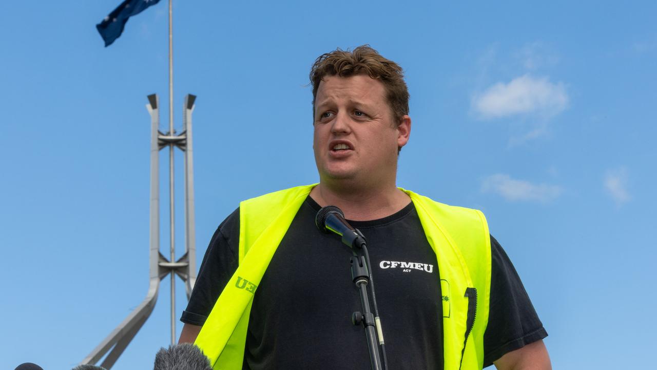 CFMEU National Construction division secretary Zach Smith at a rally in Canberra. Picture: =NCA NewsWire / Gary Ramage