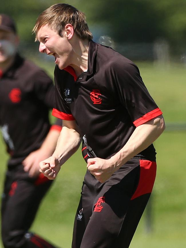 Liam Bowe celebrates a wicket. Picture: Hamish Blair