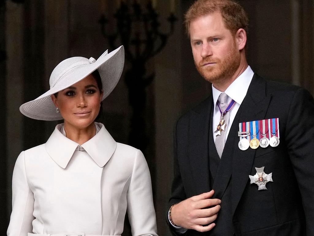 Prince Harry, Duke of Sussex, and Britain's Meghan, Duchess of Sussex, leave at the end of the National Service of Thanksgiving for The Queen's reign in 2022. Picture: AFP