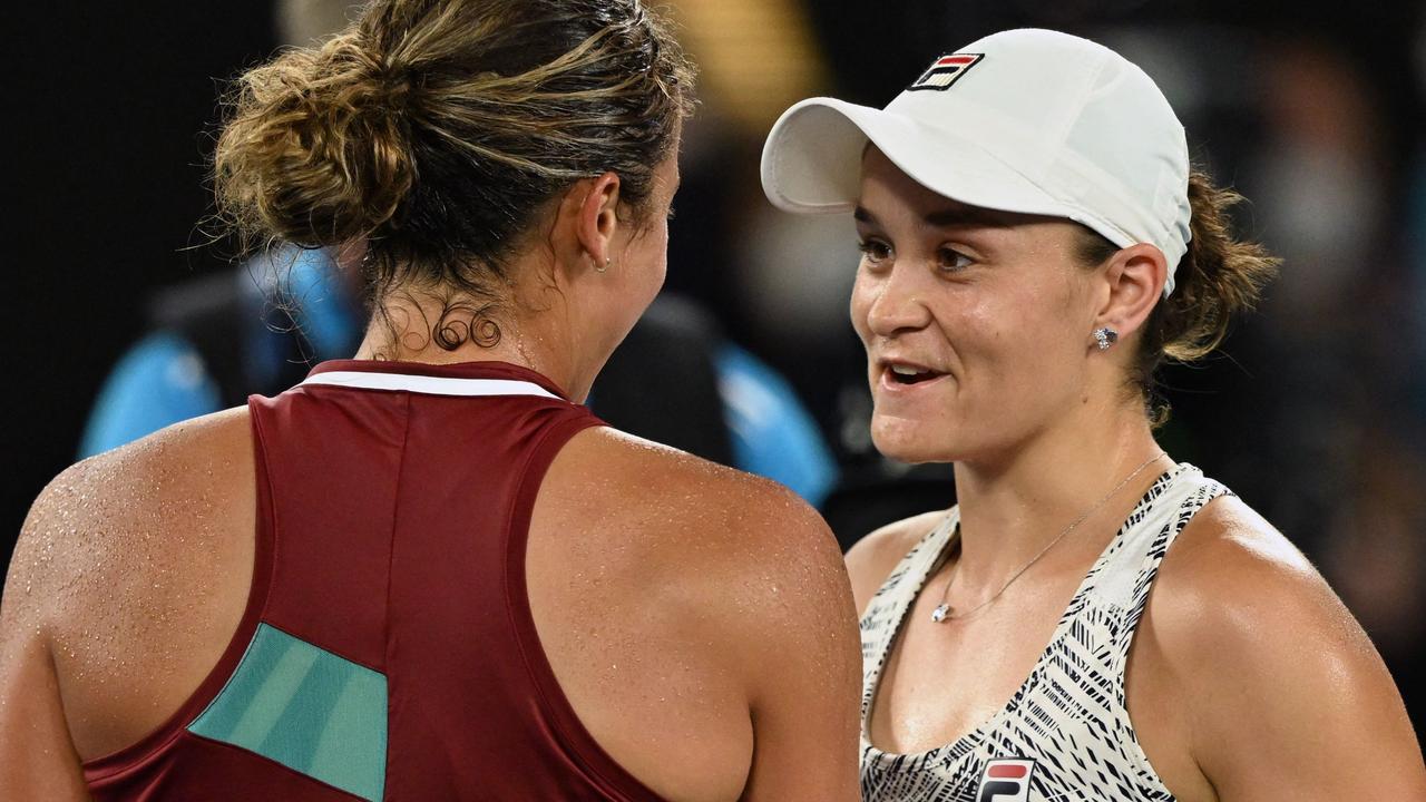 Madison Keys and Ash Barty after the match. Picture: AFP Images