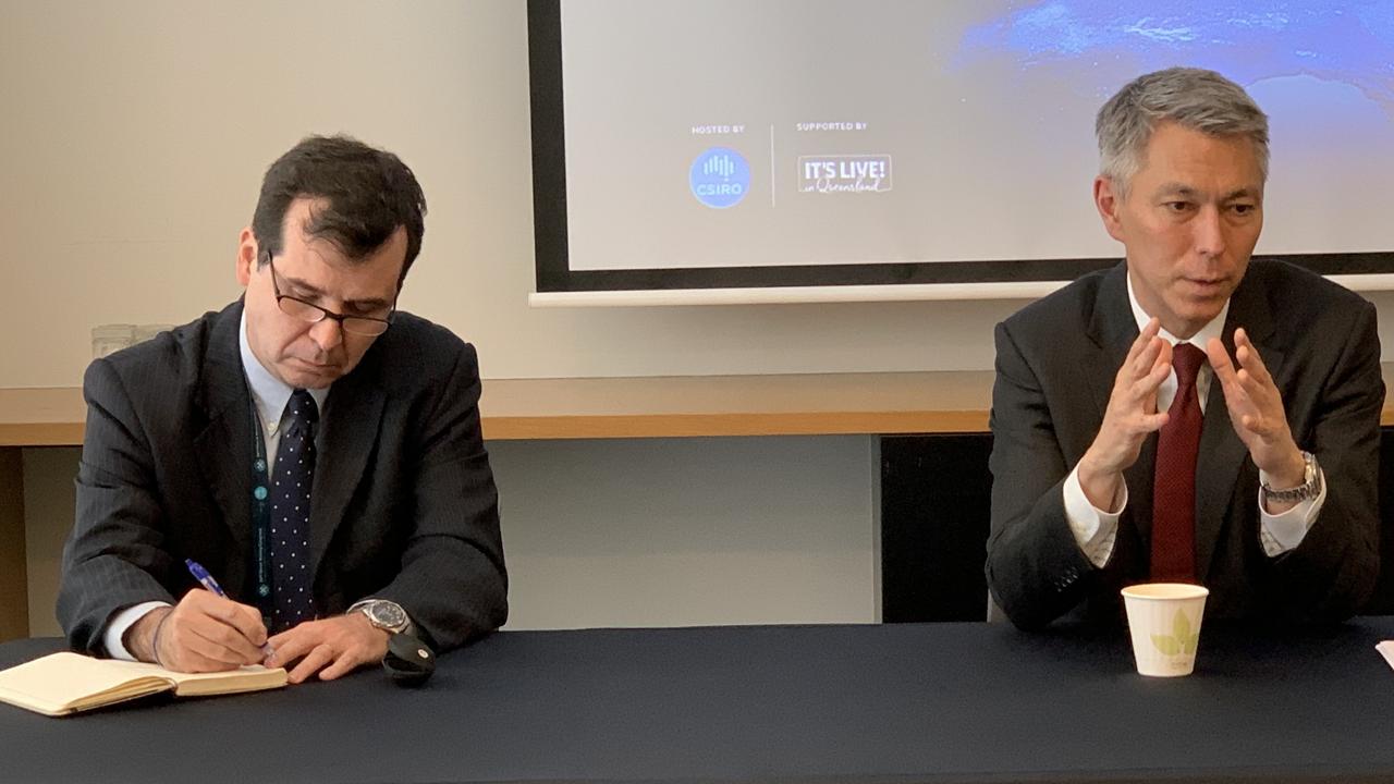 BHP boss of Queensland Coal Mauro Neves (left) and CEO Mike Henry give a press conference on the sidelines of the World Mining Congress in Brisbane on June 27, 2023. Picture: Duncan Evans