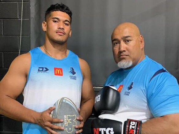 Titans youngster Alex Leapai Jnr and his father Alex Snr. Picture: NRL Imagery