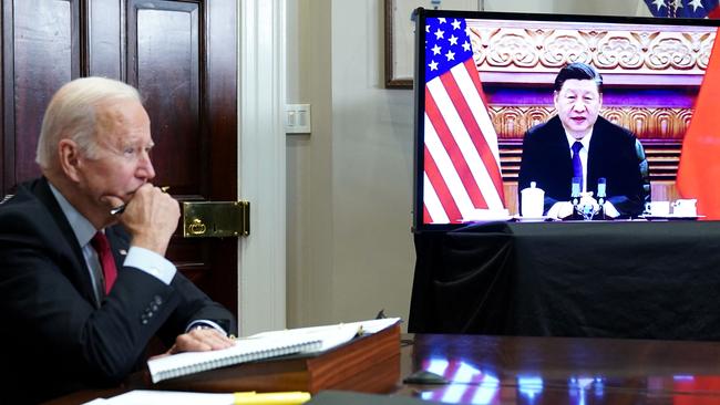 Joe Biden meets with China's President Xi Jinping during a virtual summit from the Roosevelt Room of the White House. Picture: AFP