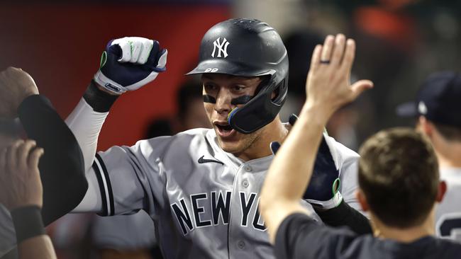 ANAHEIM, CALIFORNIA - AUGUST 29: Aaron Judge #99 of the New York Yankees celebrates his 50th home run of the season against the Los Angeles Angels in the eighth inning at Angel Stadium of Anaheim on August 29, 2022 in Anaheim, California.   Michael Owens/Getty Images/AFP == FOR NEWSPAPERS, INTERNET, TELCOS & TELEVISION USE ONLY ==