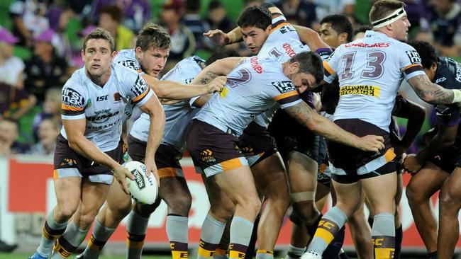 Andrew McCullough of the Broncos with the ball, during the Round 3 NRL match between the Melbourne Storm and the Brisbane Broncos at AAMI Park in Melbourne, Thursday, March 16, 2017. (AAP Image/Joe Castro) NO ARCHIVING, EDITORIAL USE ONLY