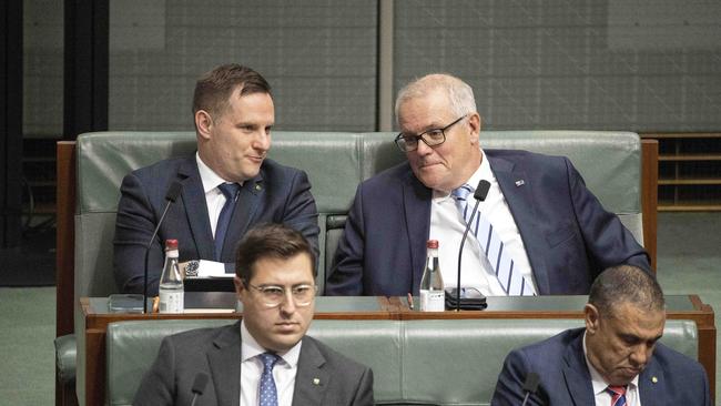 NSW MP Alex Hawke with Scott Morrison during Question Time before the former PM retired. Picture: NCA NewsWire / Gary Ramage